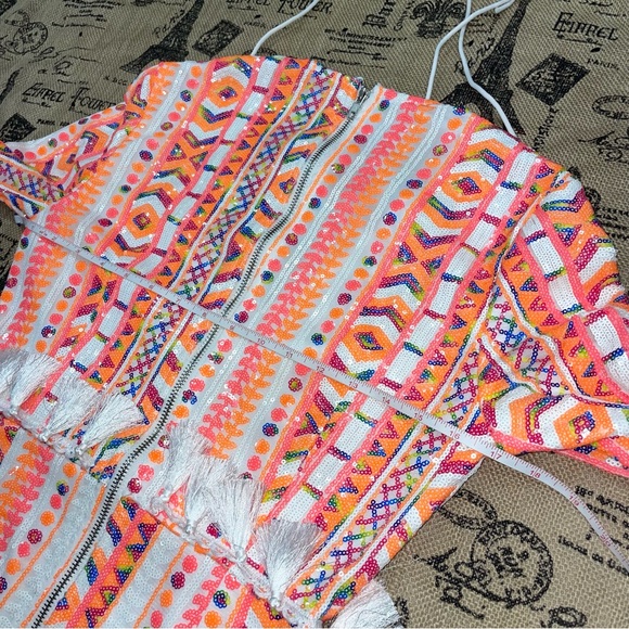 PRETTYLITTLETHING NWOT! Orange/White Sequin Fringe V-Neck Long Sleeve Dress - Picture 16 of 17